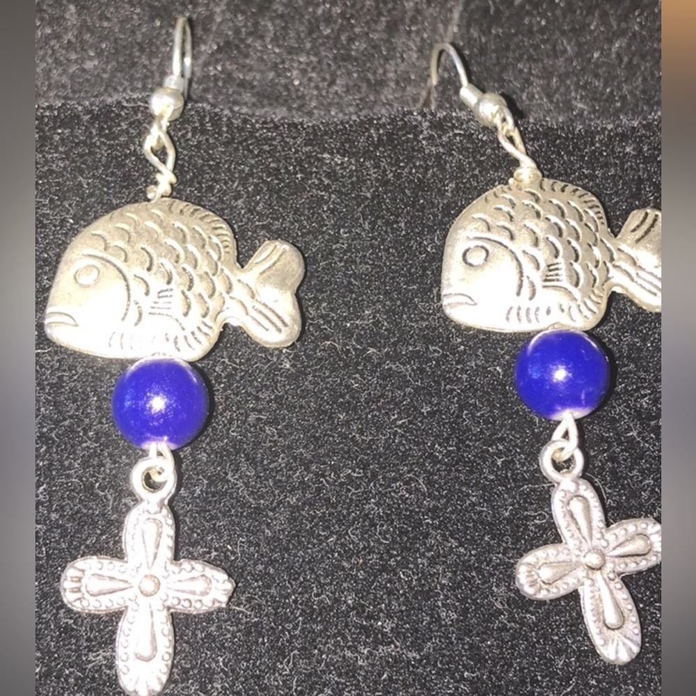 New Fish earrings with cross Tibetan silver